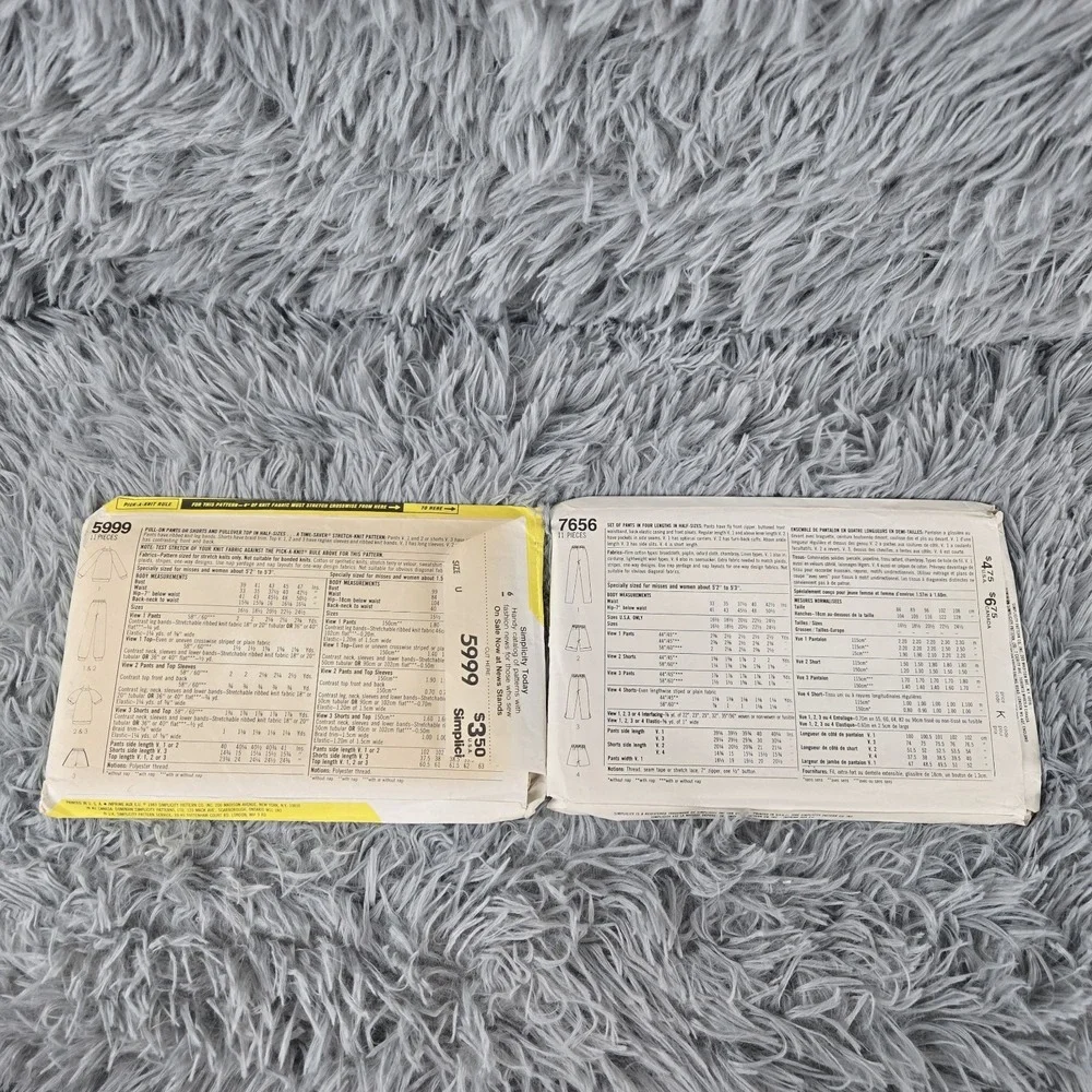 Lot Of 2 Simplicity 7656, 5999 Pants & Shorts Sewing Pattern‎ Vintage 1983,1986